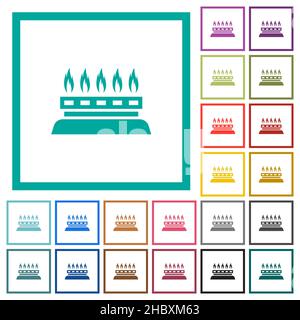 Kitchen gas stove flat color icons with quadrant frames on white background Stock Vector