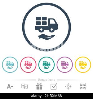 Courier services solid flat color icons in round outlines. 6 bonus icons included. Stock Vector