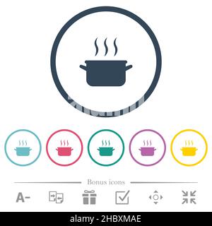 Steaming pot flat color icons in round outlines. 6 bonus icons included. Stock Vector