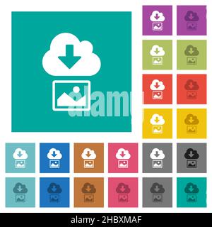 Download image from cloud solid multi colored flat icons on plain square backgrounds. Included white and darker icon variations for hover or active ef Stock Vector
