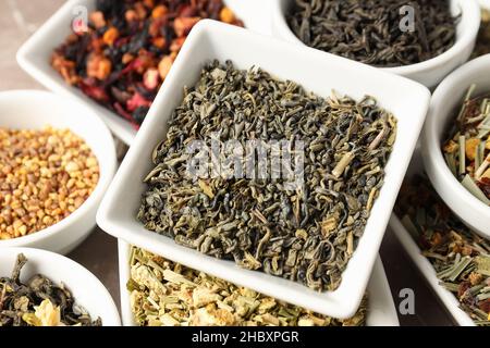 Concept of cooking tea with different types of tea, close up Stock Photo