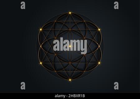 Flower of Life, Seed of life symbol Sacred Geometry, mystic mandala of alchemy esoteric sign. Golden luxury logo Vector isolated on black background Stock Vector