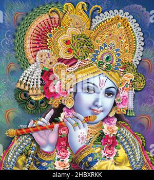 Indian lord krishna, gods krishna with flute digital art Stock Photo