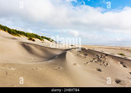 Nehalem Beach, sand dunes and footprints leading up a slope Stock Photo