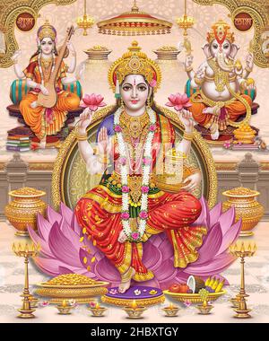 Lord Laxmi, Lord Ganesha, Lord Saraswati with colorful background wallpaper , Diwali Pooja poster design for wallpaper Stock Photo
