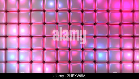 Wide screen cg render 3d background of metallic bubble block wall reflecting pink and blue lights Stock Photo