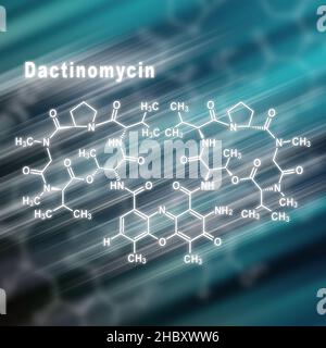 Dactinomycin cancer chemotherapy drug, Structural chemical formula futuristic background Stock Photo