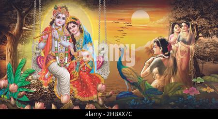 Radha Krishna, Lord Krishna, Radha Krishna Painting with colorful background Stock Photo