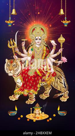 Indian lord Durga goddess with pooja materials and lamps digital art Stock Photo