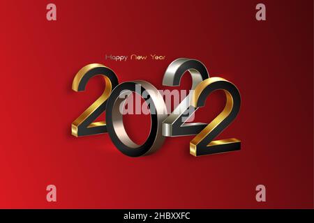 2022 golden, bronze and silver bold letters. New Year 3D logo for Holiday greeting card. Vector illustration isolated on red background, eve fashion Stock Vector