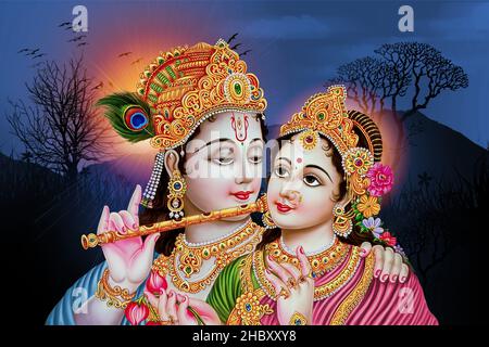 Radha Krishna playing flute background Poster with silloute evening backdrop Stock Photo
