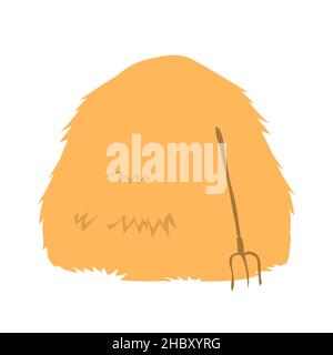 Haystack with pitchfork. Countryside. Farm and agriculture. Vector flat cartoon illustration on a white background Stock Vector
