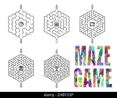 Children games. Set of honeycomb mazes, labyrinths with different difficulty levels and prizes inside. Puzzles and games for development of intelligen Stock Vector