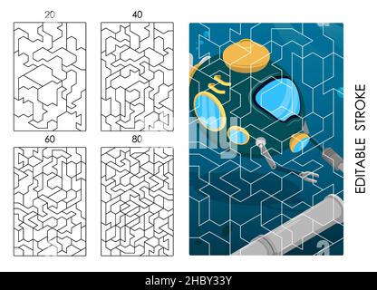 template of rectangular puzzle pieces of different difficulty levels for overlaying image. Editable stroke weight. Children educational games. Black a Stock Vector