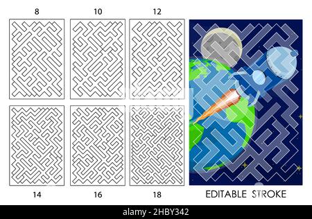 template of maze puzzle pieces of different difficulty levels for laser cutting. Editable stroke weight. Children educational games. Black and white v Stock Vector