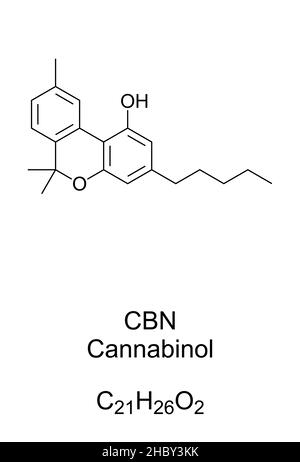 Cannabinol, CBN, chemical formula and structure. A non-psychoactive cannabinoid and compound, found in traces in aged and stored cannabis. Stock Photo