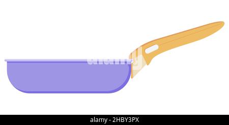 purple frying pan with yellow handle for cooking and frying in a flat style isolated on a white background. Vector illustration Stock Vector