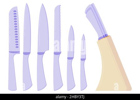 A set of knives and a knife stand, knives for meat and fish, bread, vegetables and fruits of different sizes and with different blades. Vector illustr Stock Vector