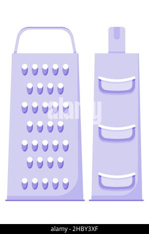 Purple Grater with handle for vegetables cheese and eggs small and large grater, grater slices in a flat style isolated on a white background. Vector Stock Vector