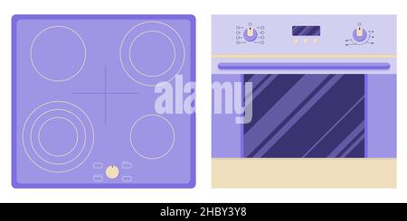 Induction hob and oven for cooking and baking food, different levels of heating and cooking in a flat style isolated on a white background. Vector ill Stock Vector