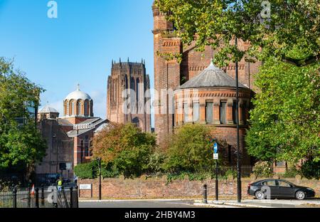 Greek Church, Anglican Cathedral and Jewish Synagogue, Princes Road, Liverpool 8. Image taken in October 2021. Stock Photo