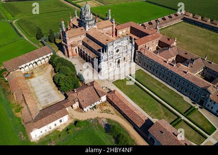 Certosa di Pavia Gra Car (Gratiarum Carthusia, Monastery of Santa Maria delle Grazie, XIV century), Aerial view Stock Photo