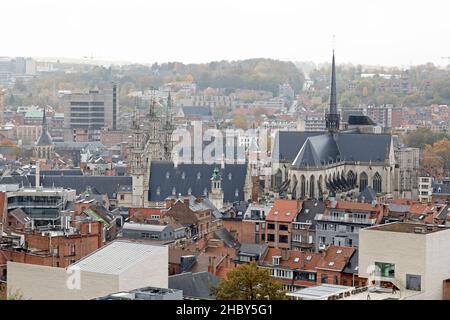 Buildings and rooftops around Monseigneur Ladeuzeplein in Leuven, Belgium. The spire of the St Peter's Church rises above the city centre. Stock Photo