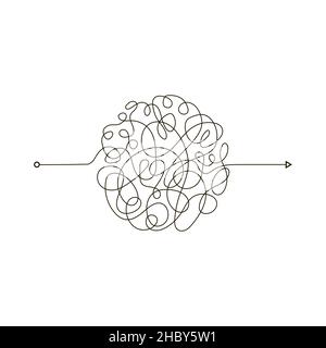 Chaotic Doodle. Thread Clew Knot. Insane Messy Line. Complicated Clew Way. Tangled Cribble Path. Difficult Process Stock Vector