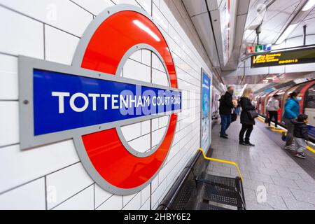 A tube sign at Tottenham Court Road underground station in London ...