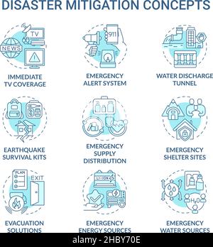 Disaster mitigation turquoise concept icons set Stock Vector