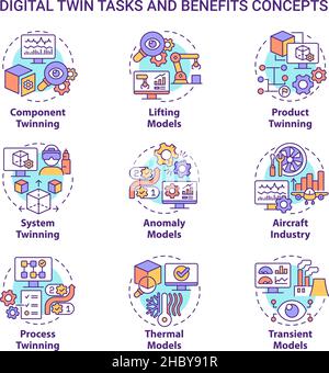 Digital twin tasks and benefits concept icons set Stock Vector