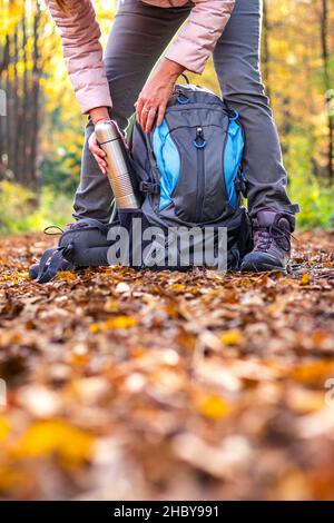 Hiker is taking thermos out from her backpack. Woman is wearing hiking boot and standing on footpath at autumn forest. Stock Photo