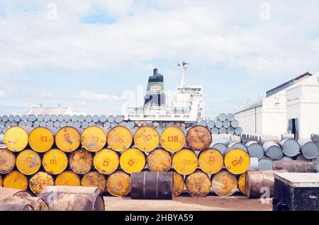 Part of SS Texaco Saigon and Shell oil drums, from Caltex Depot, Nhà Bè, Ho Chi Minh City, Vietnam Stock Photo