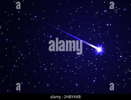 comet in the starry space sky, star and comet universe background. Astrology horizontal backdrop. Stardust in galaxy, shooting star against dark blue Stock Vector