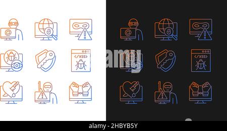 Cyber attacks types gradient icons set for dark and light mode Stock Vector