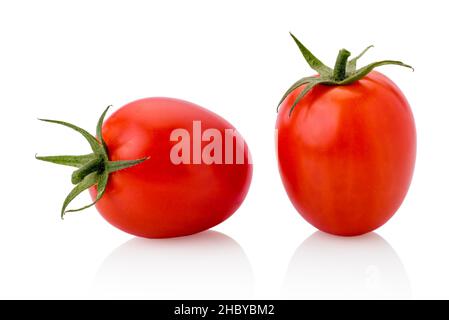 Two red cherry tomato , datterino type isolated on white, copy space Stock Photo