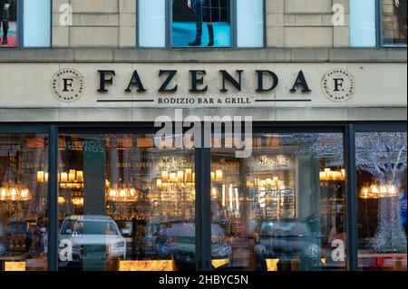 Edinburgh, Scotland- Nov 21, 2021:  The sign for Fazenda restaurant in Edinburgh. Stock Photo