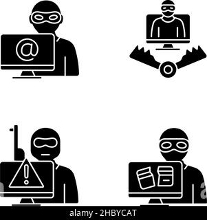 Cyber attacker black glyph icons set on white space Stock Vector