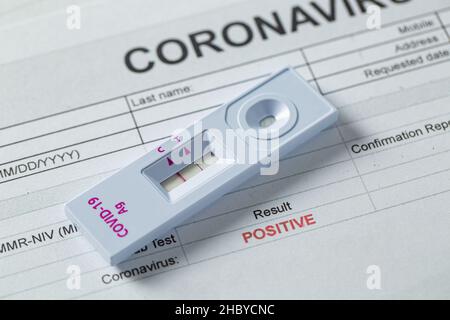 Rapid Antigen Test kit for check coronavirus result is positve with report document.Covid-19 Ag with nasal rapid test.Healthy fast checking virus dise Stock Photo