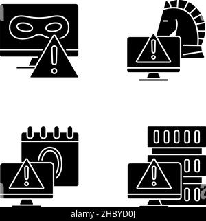 Computer system attacks black glyph icons set on white space Stock Vector