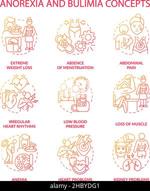 Anorexia and bulimia red gradient concept icons set Stock Vector
