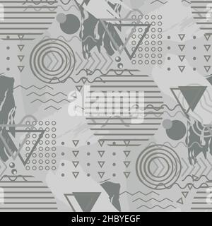 Abstract Memphis style vector seamless pattern. 80s hipster design background. Modern backdrop with scattered circles, zigzag, wave, triangles, lines Stock Vector