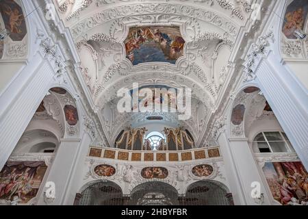 Interior view with organ loft and ceiling frescoes, Basilica of St. Quirin, Monastery, Tegernsee Castle, Upper Bavaria, Bavaria, Germany Stock Photo