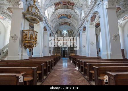 Interior view with organ loft and ceiling frescoes, Basilica of St. Quirin, Monastery, Tegernsee Castle, Upper Bavaria, Bavaria, Germany Stock Photo