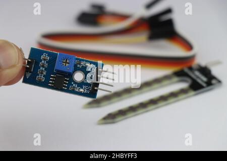 Soil moisture sensor module for converting analog to digital signal held in the hand Stock Photo