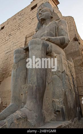 Ancient sitting statue of Ramses II in Luxor Temple lit up at night ...