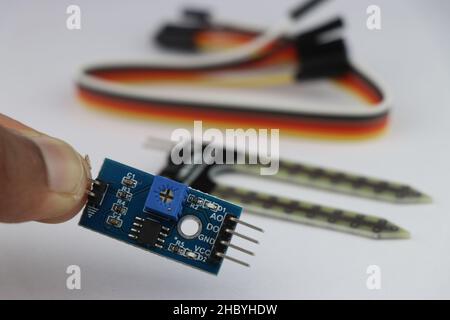 Analog to digital signal converter for soil moisture detection sensor with sensor and wires on the background Stock Photo