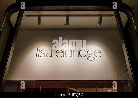 Lisa Eldridge name on the fascia above the entrnace to the pop-up shop in Covent Garden, London WC2: sells cosmetics, lipsticks, makeup Stock Photo