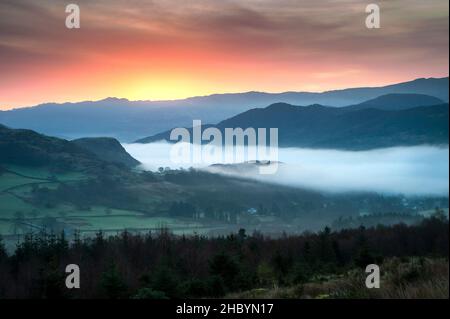 Snowdonia view down over Beddgelert at sunrise Stock Photo