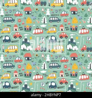 Cute Cars Seamless Pattern, Cartoon transportation Doodles Background, vector Illustration. Stock Vector